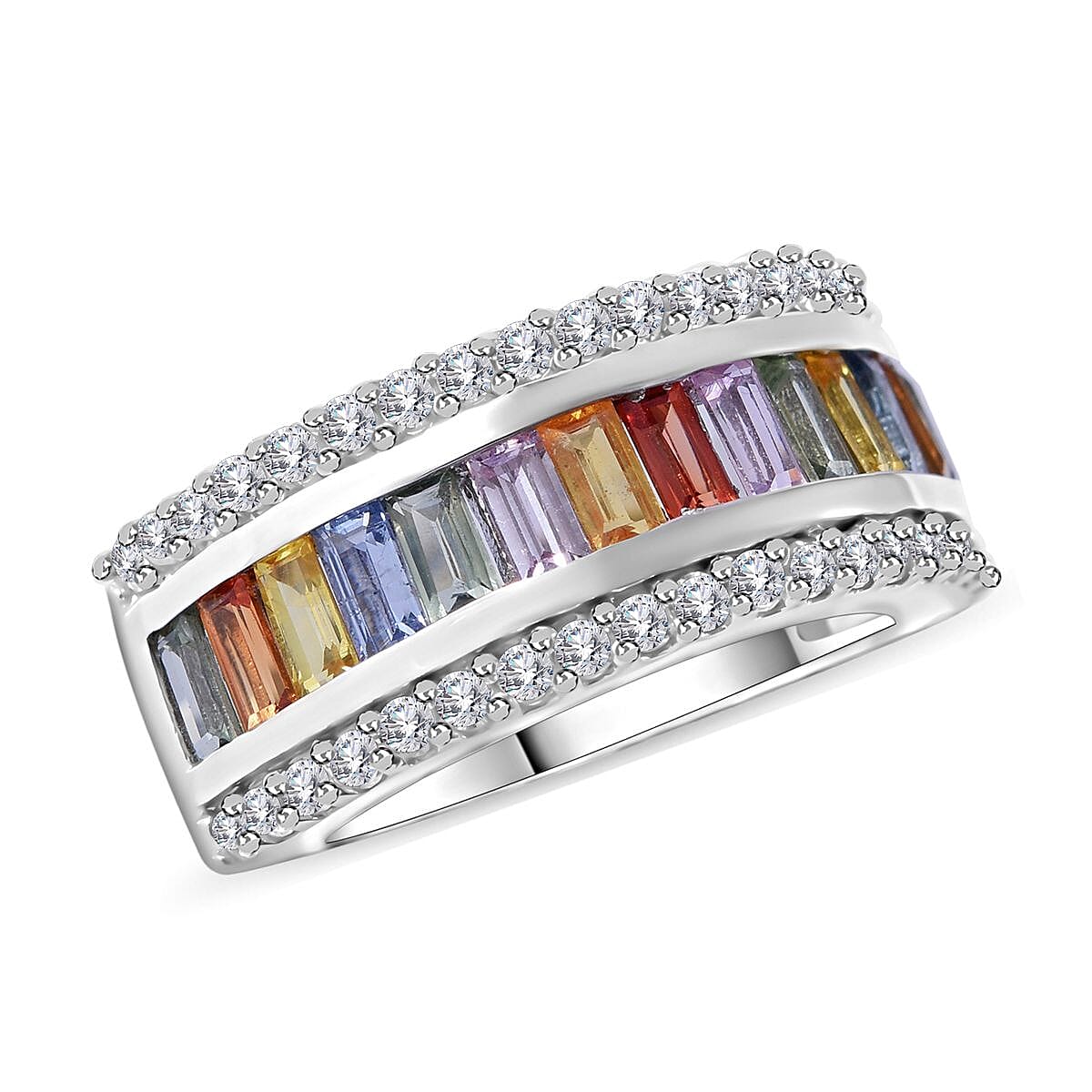 Multi Sapphire, White Zircon Ring in Platinum Over Sterling Silver (Size 10.0) 3.15 ctw