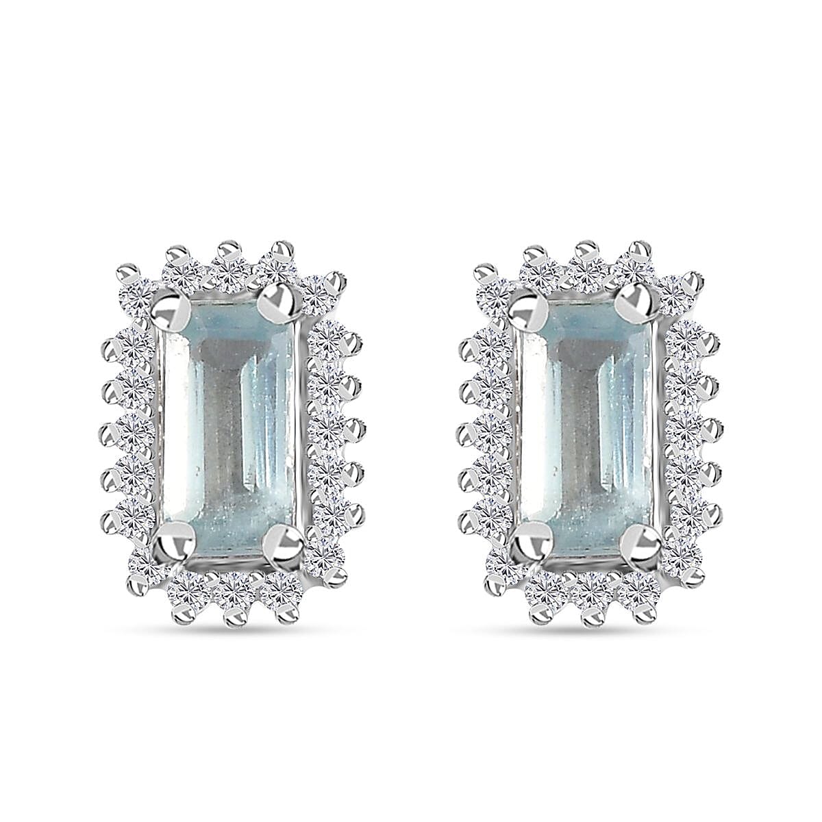 Aqua Kyanite and White Zircon Halo Stud Earrings in Platinum Over Sterling Silver 1.10 ctw