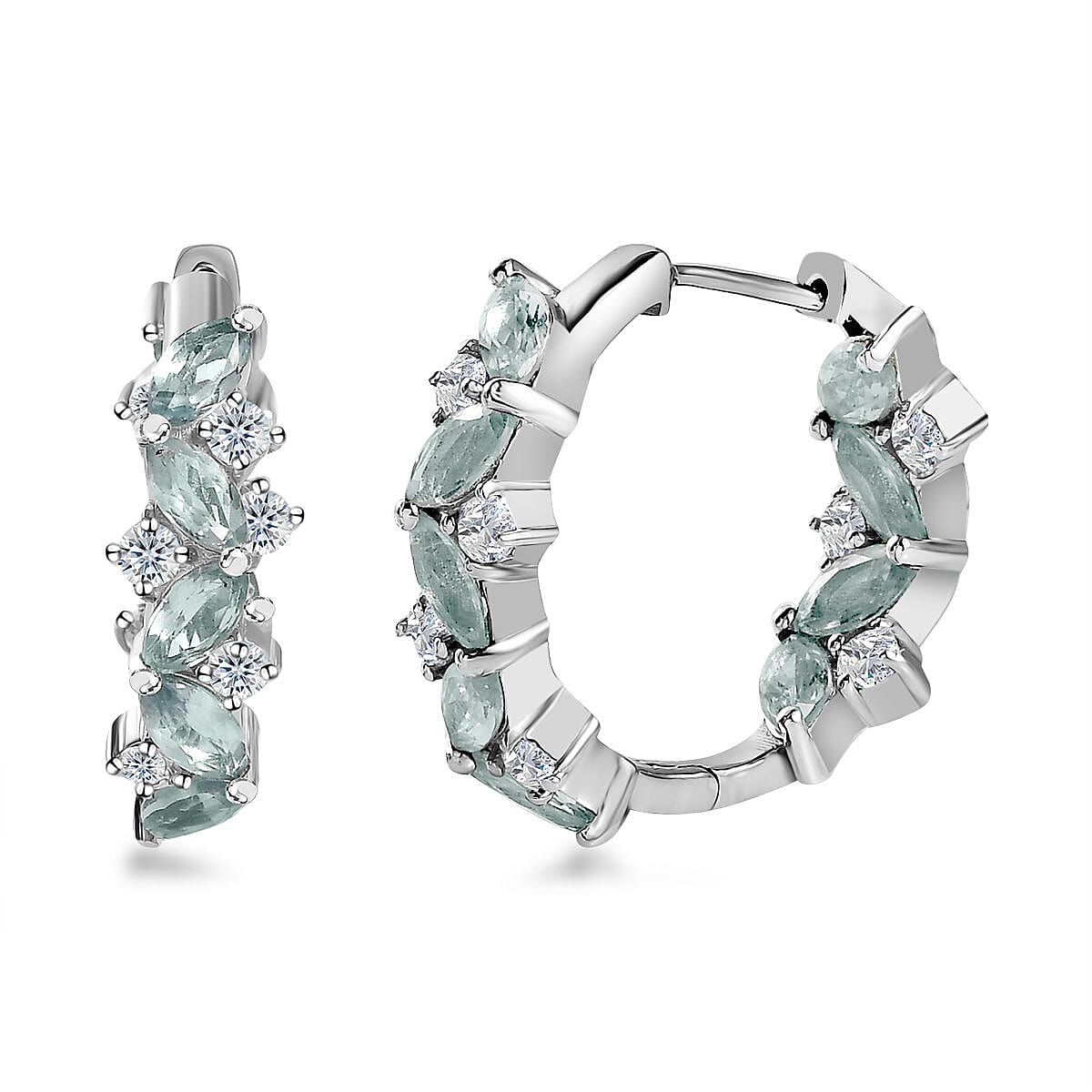 Aqua Kyanite and White Zircon Hoop Earring in Platinum Over Sterling Silver 7.00 ctw