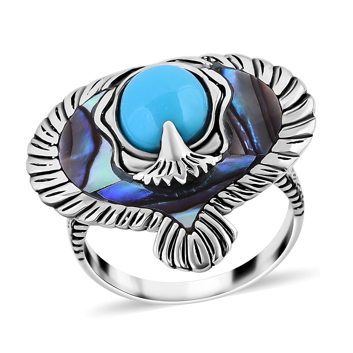 Bali Legacy Sleeping Beauty Turquoise and Abalone Shell Bird Ring in Sterling Silver (Size 10.0) 3.00 ctw