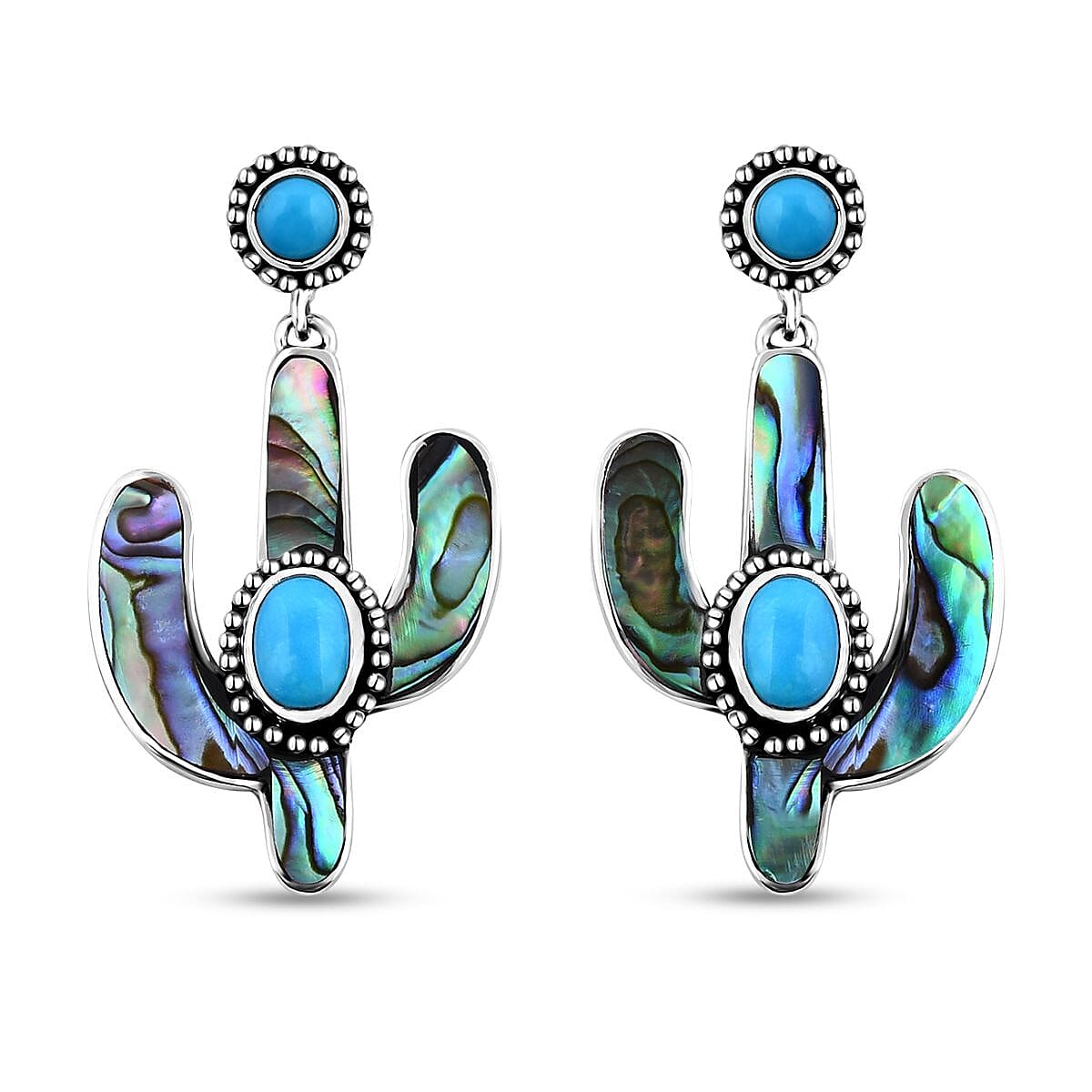 Bali Legacy Sleeping Beauty Turquoise and Abalone Shell Cactus Earrings in Sterling Silver 3.30 ctw