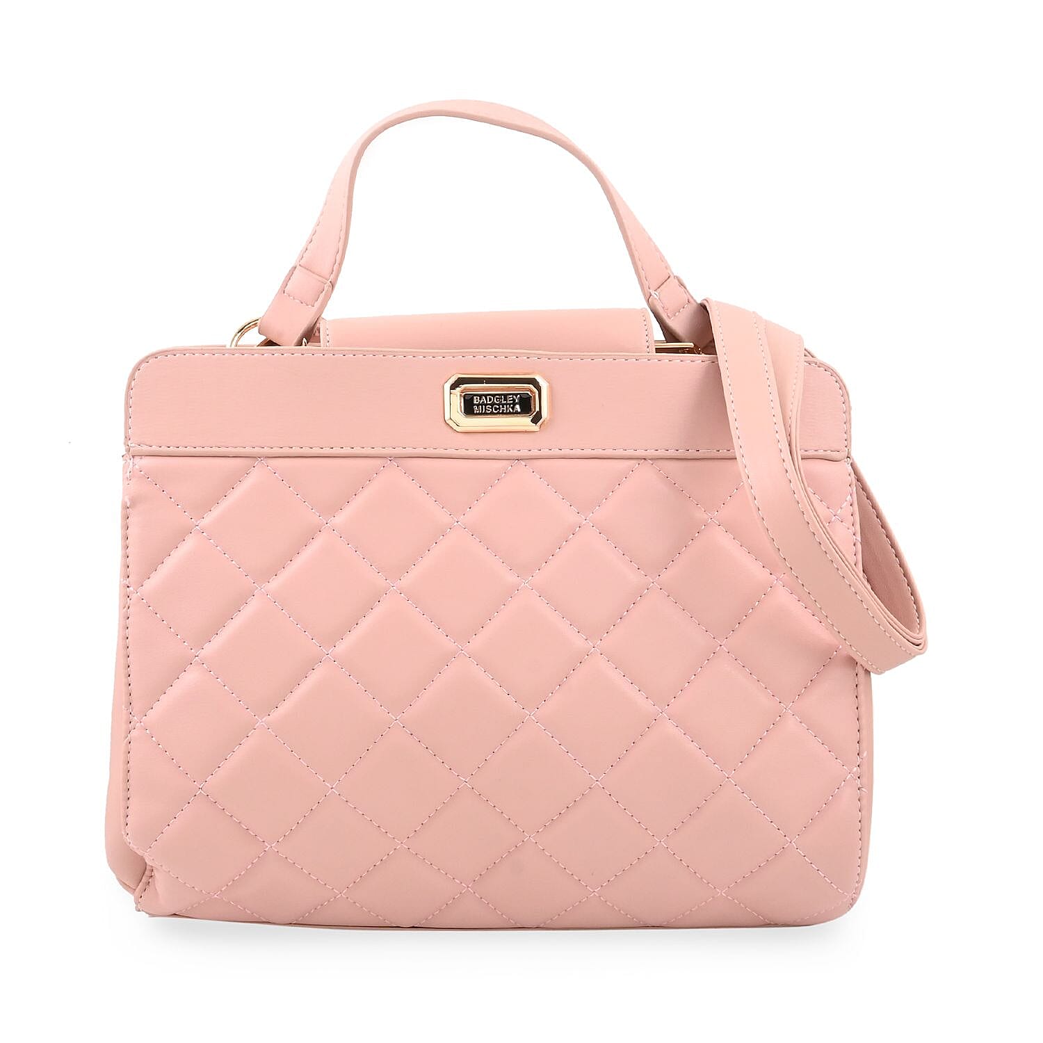 Badgley Mishka Blush Vegan Leather Double Compartment Shoulder Bag with Turn Lock and Detachable Strap (11"x9"x6")