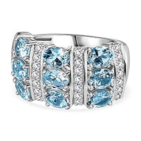 Aquamarine and White Zircon 3.22 ctw Ring in Rhodium Over Sterling Silver (Size 6.5)