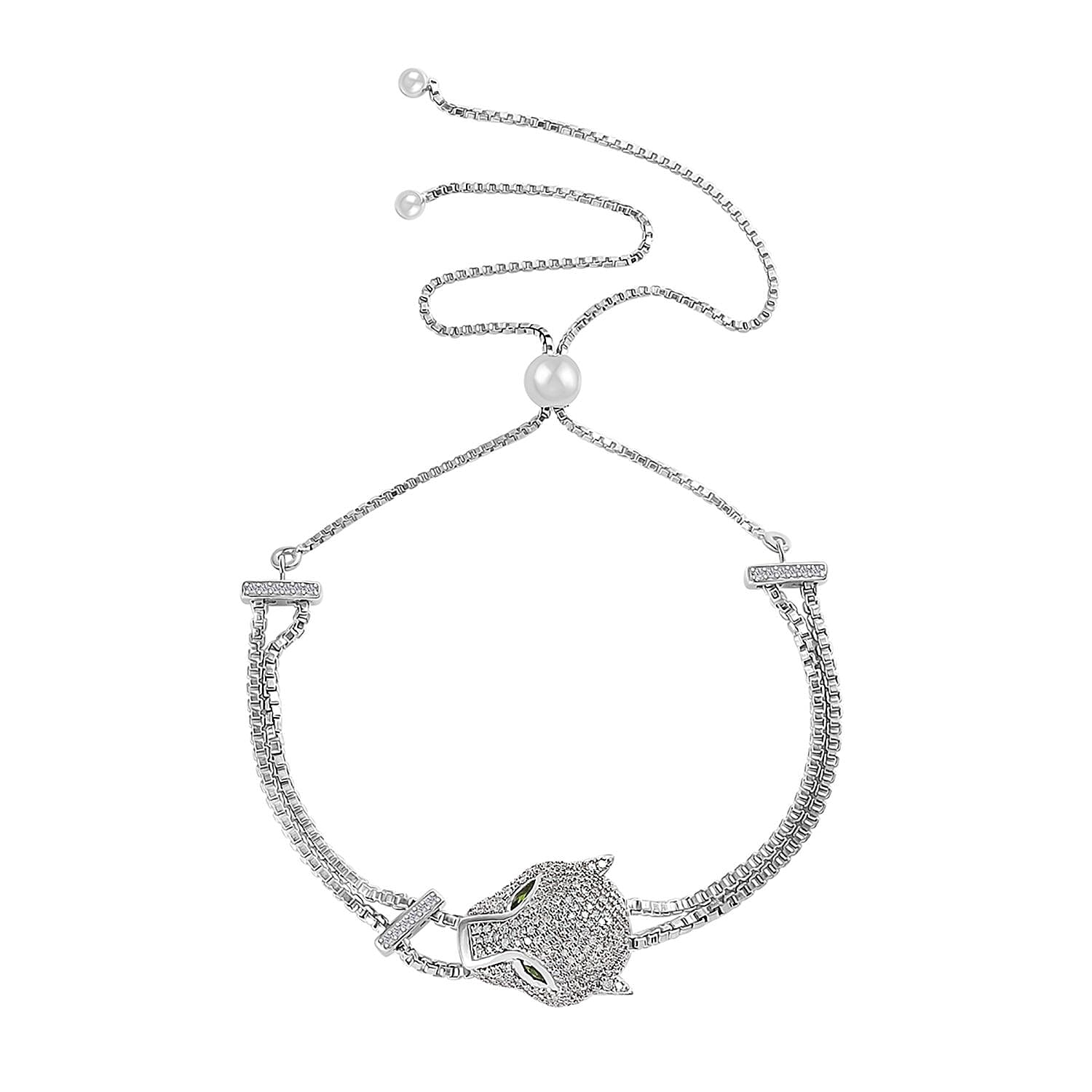 GP Trionfo Collection Chrome Diopside and Diamond Panther Head Bolo Bracelet in Platinum Over Sterling Silver 1.15 ctw