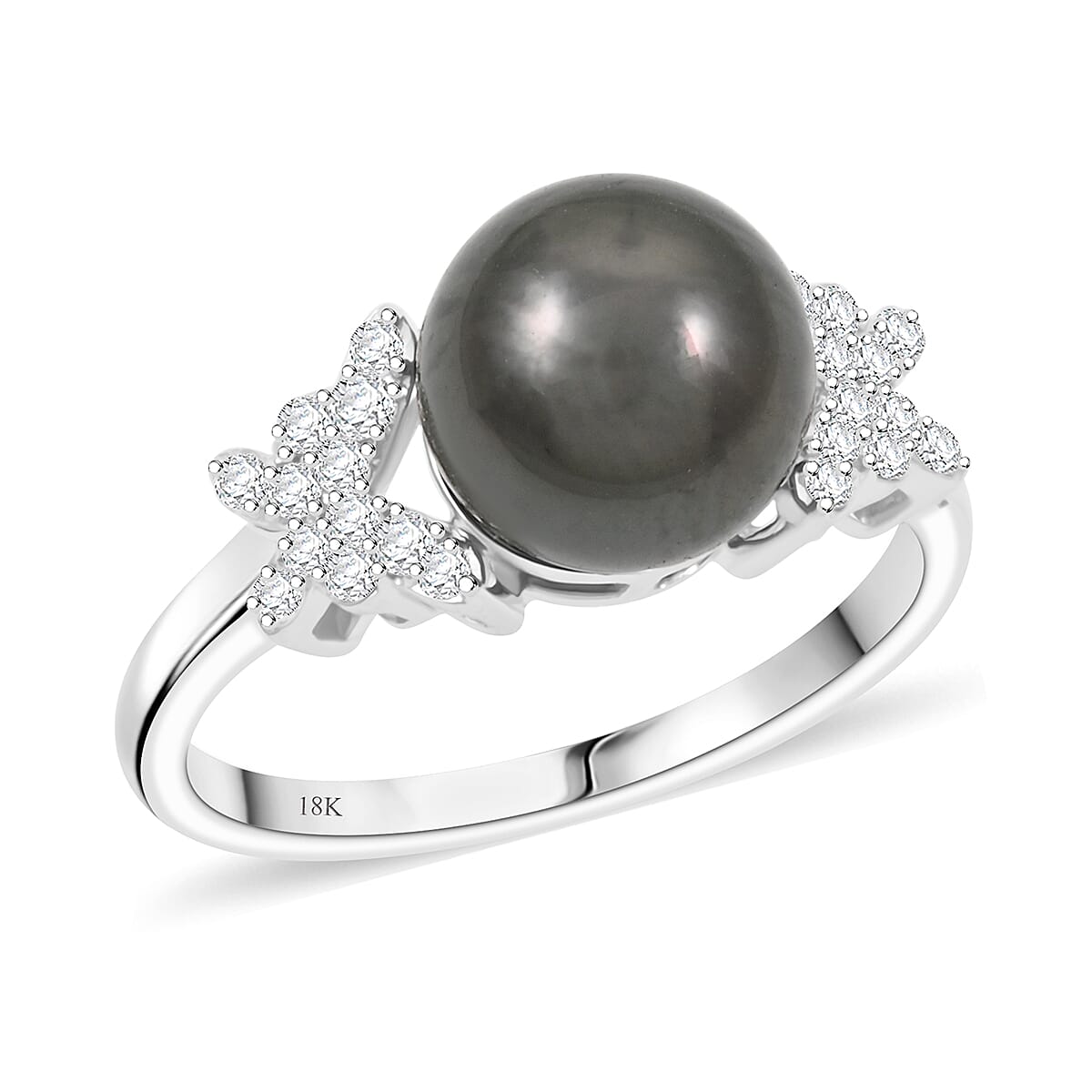 Certified & Appraised Iliana 18K White Gold AAA Tahitian Pearl 10-10.5mm, Diamond (SI) Ring (Size 8.0) 0.26 ctw