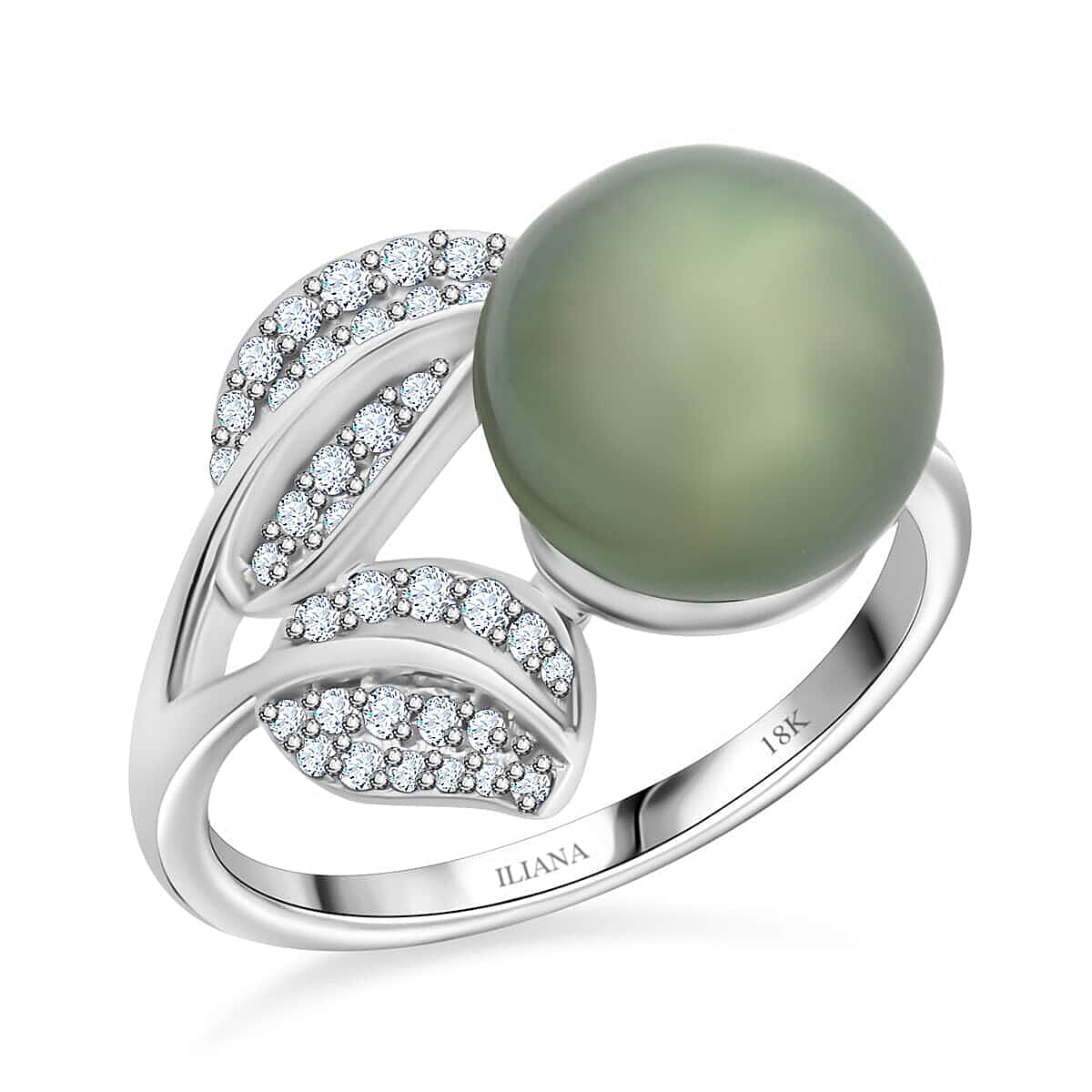 Certified & Appraised Iliana 18K White Gold AAA Tahitian Pearl 11mm and SI Diamond Ring (Size 10.0) 4.13 Grams 0.27 ctw