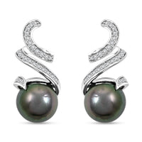Certified & Appraised Iliana 18K White Gold AAA Tahitian Pearl 9.5-10mm and SI Diamond Earrings 0.21 ctw