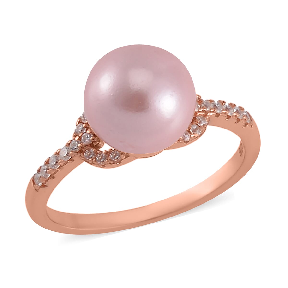 Pink Shell Pearl, Simulated Diamond Ring in 14K RG Over Sterling Silver (Size 10.0) 0.20 ctw