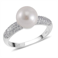 White Shell Pearl, Simulated Diamond Ring in Rhodium Over Sterling Silver (Size 10.0) 0.60 ctw