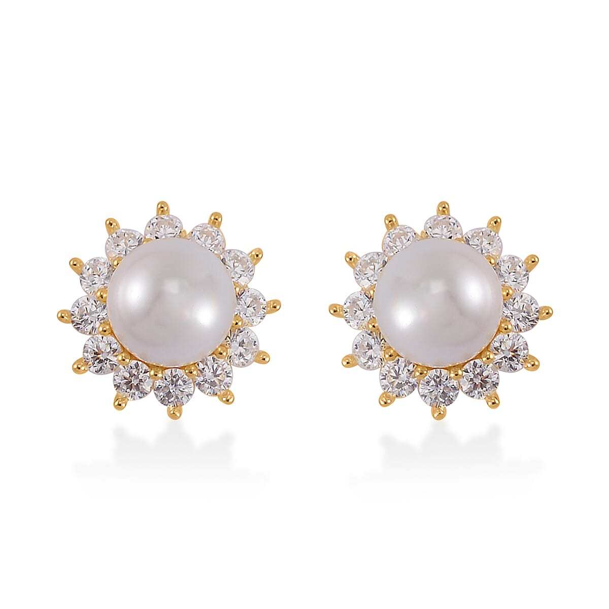 White Shell Pearl and Simulated Diamond Sunburst Earrings in 14K Yellow Gold Over Sterling Silver 1.65 ctw