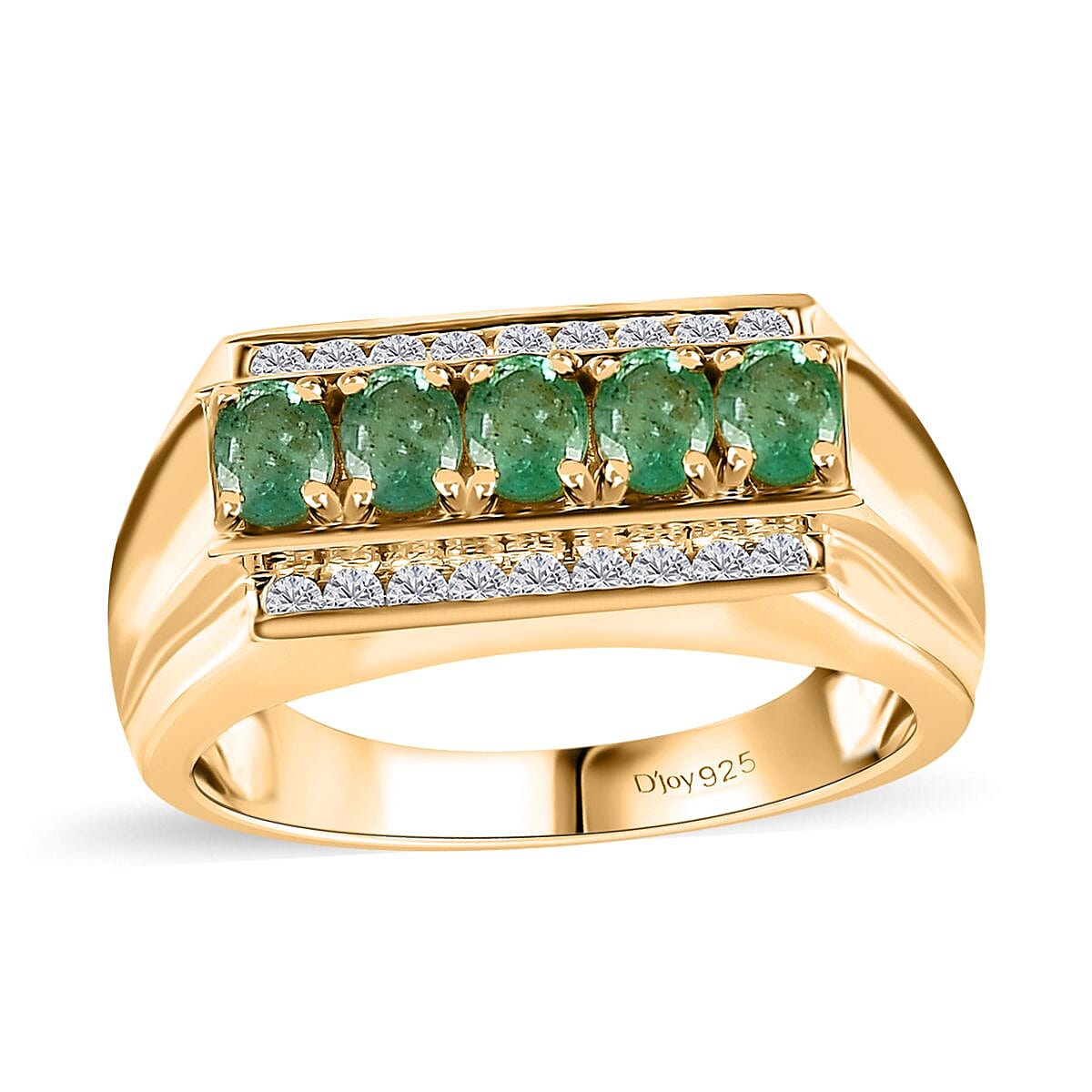 Kagem Zambian Emerald, White Zircon Men's Ring in Vermeil YG Over Sterling Silver (Size 10.0) 1.25 ctw