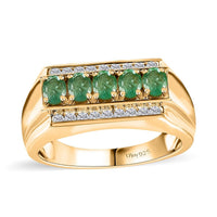 Kagem Zambian Emerald, White Zircon Men's Ring in Vermeil YG Over Sterling Silver (Size 10.0) 1.25 ctw