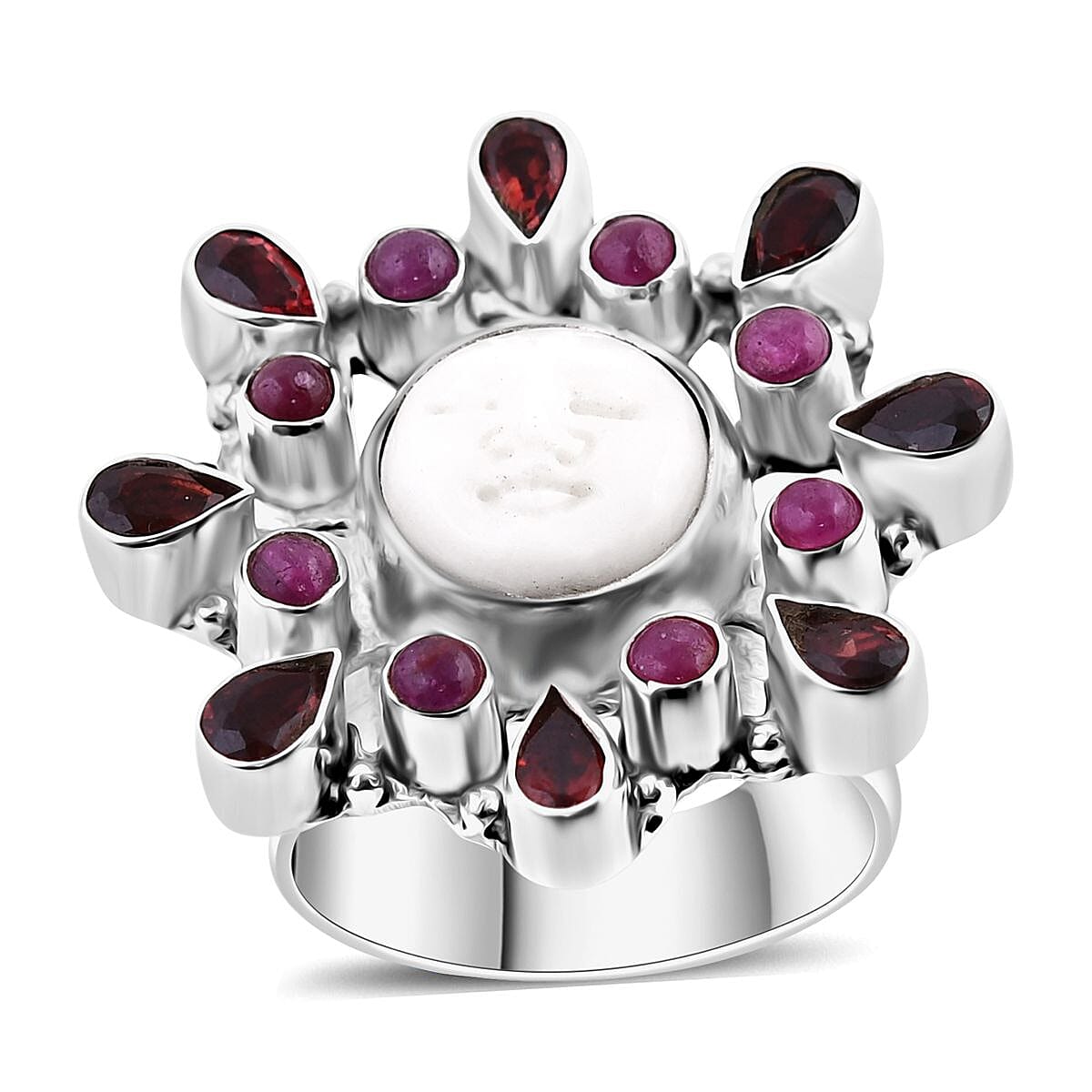 Sajen Silver Carved Bone and Multi Gemstone Ring in Sterling Silver (Size 10.0) 3.75 ctw