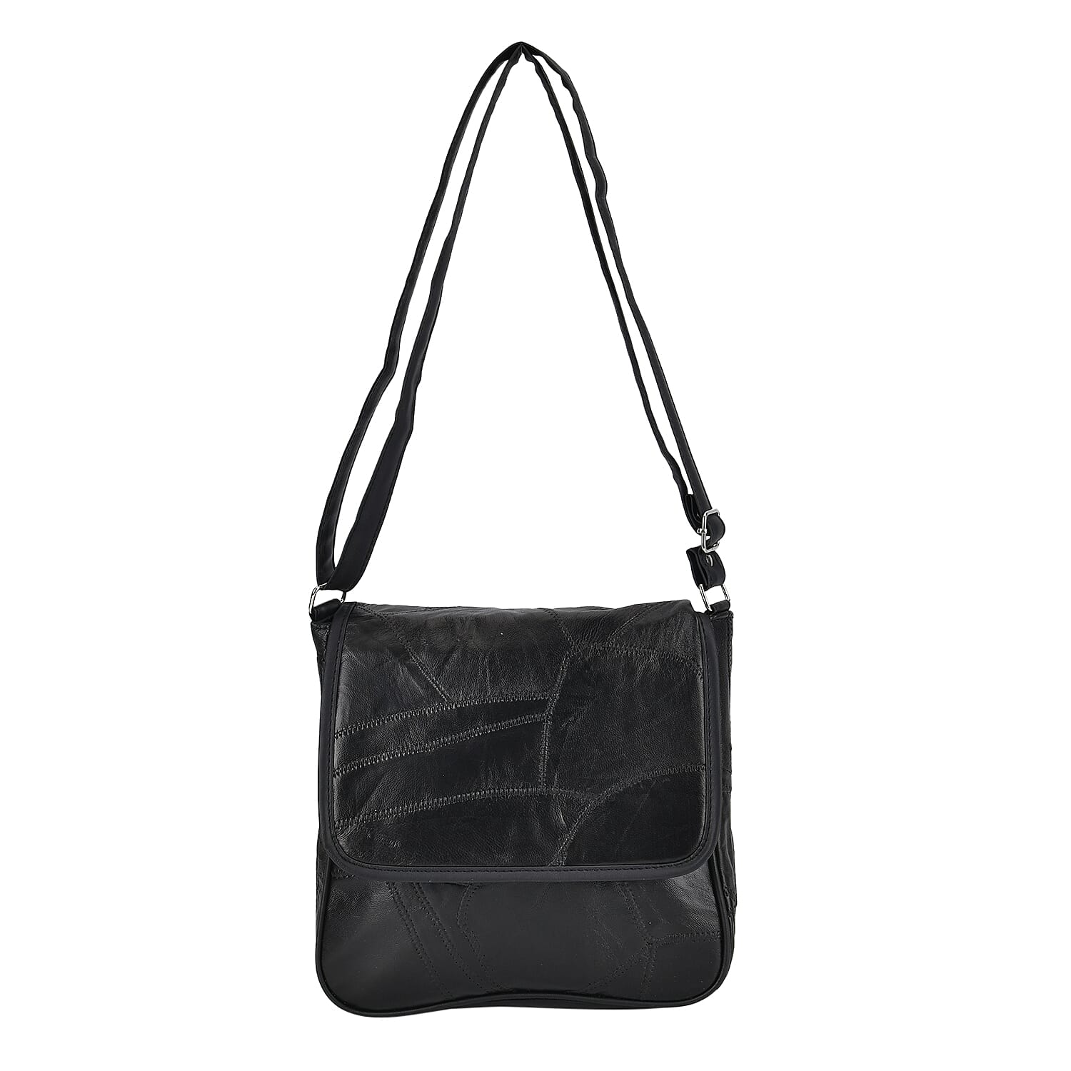 Black Patchwork Sheep Leather Crossbody Bag (11"x9"x3.5")