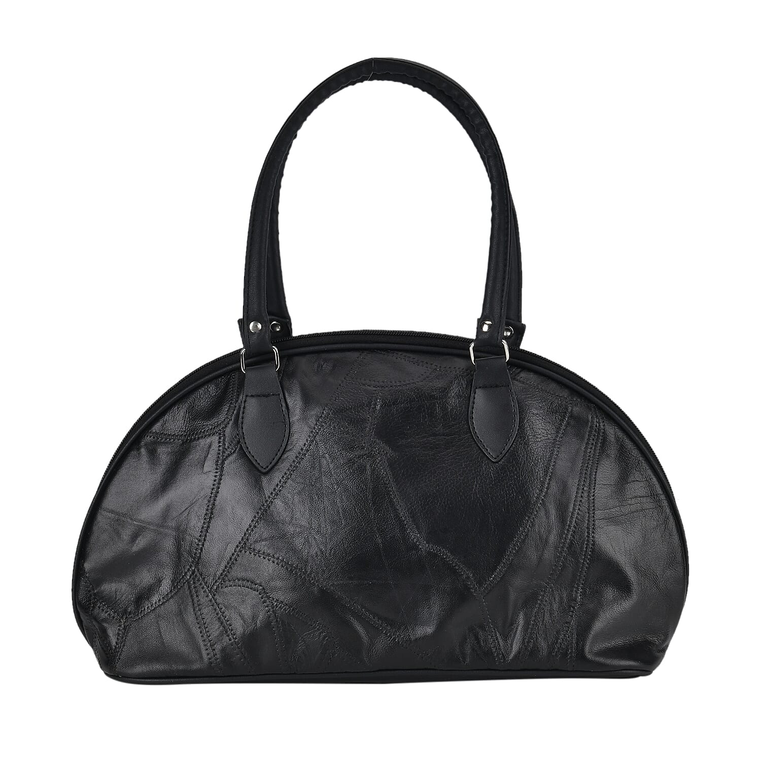 Black Patchwork Sheep Leather Half-Moon Shoulder Leather Bag (15"x10.6"x3.9")