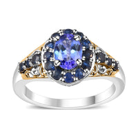 Tanzanite, Kanchanaburi Blue Sapphire Halo Ring in Vermeil YG and Platinum Over Sterling Silver (Size 10.0) 1.60 ctw