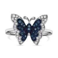 Venice Blue Diamond (I1-I2), White Diamond Butterfly Ring in Platinum Over Sterling Silver (Size 10.0) 0.33 ctw