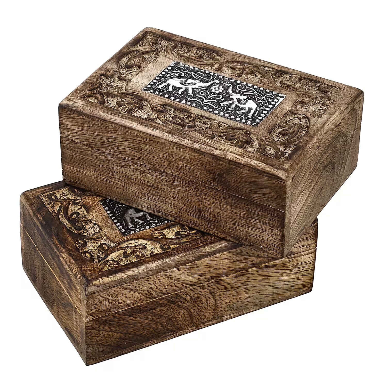Set of 2 Handcrafted Elephant Teak Wooden Hand Carved Jewellery Box with Ring Slot (6"x4"x2")