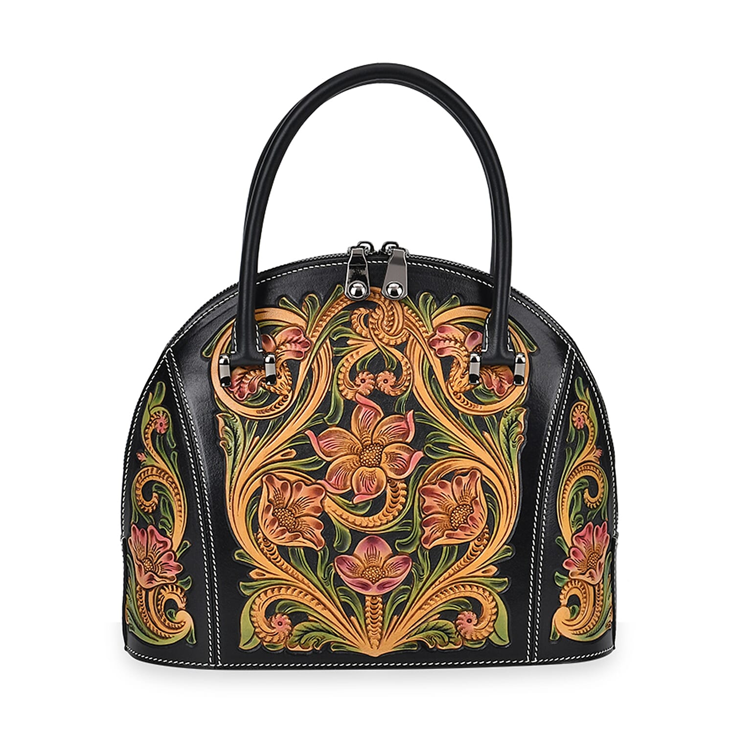 Grand Pelle Black with Multicolor Hand Engraving Flower Genuine Leather Hand Bag (10.8"x9"x4.7") with Handle Drop 6.3"