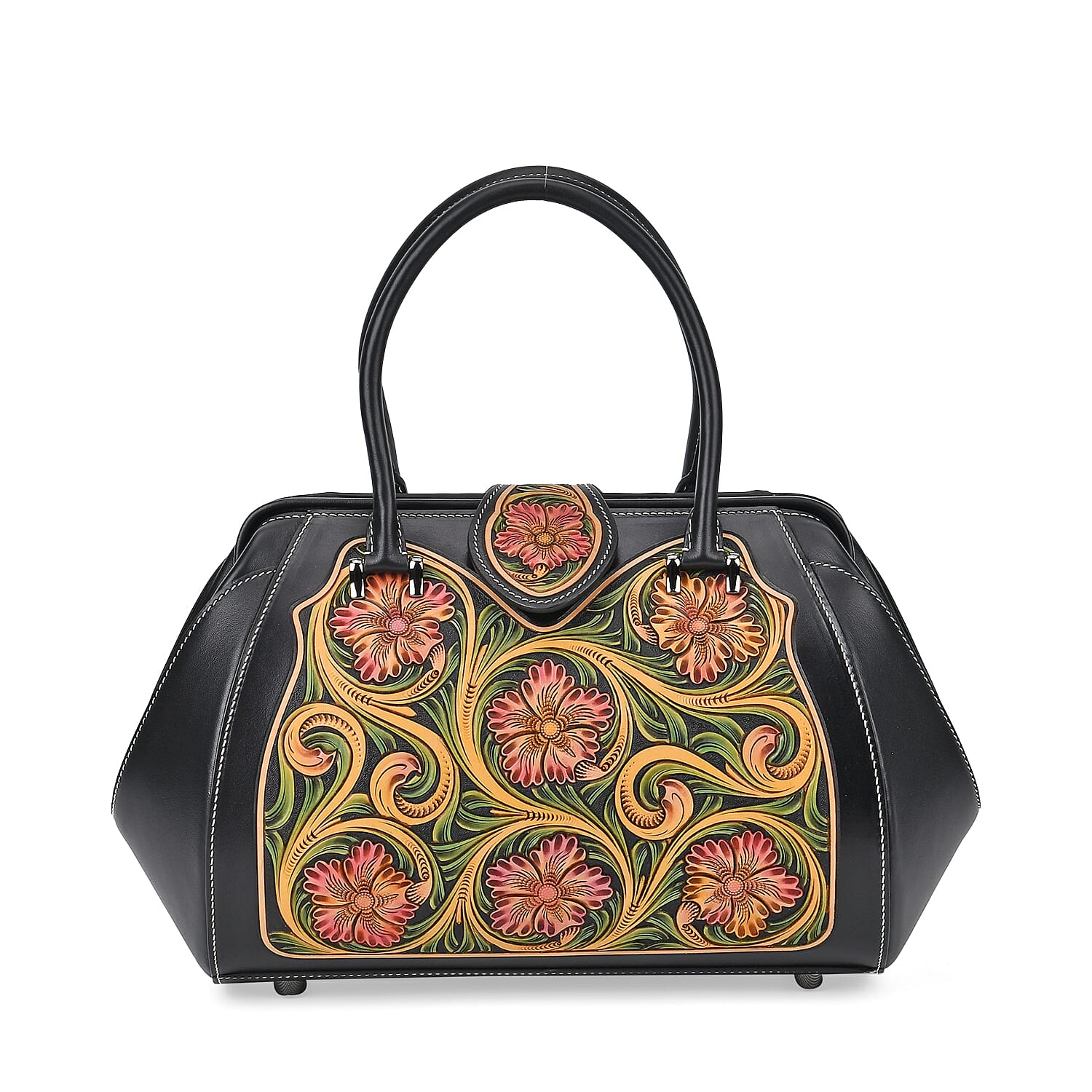 Grand Pelle Black with Multicolor Hand Engraving Flower Genuine Leather Hand Bag (14"x9"x7") with Handle Drop 6.3"