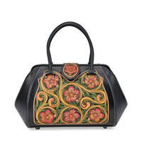 Grand Pelle Black with Multicolor Hand Engraving Flower Genuine Leather Hand Bag (14"x9"x7") with Handle Drop 6.3"