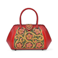 Grand Pelle Black with Multicolor Hand Engraving Flower Genuine Leather Hand Bag (14"x9"x7") with Handle Drop 6.3"
