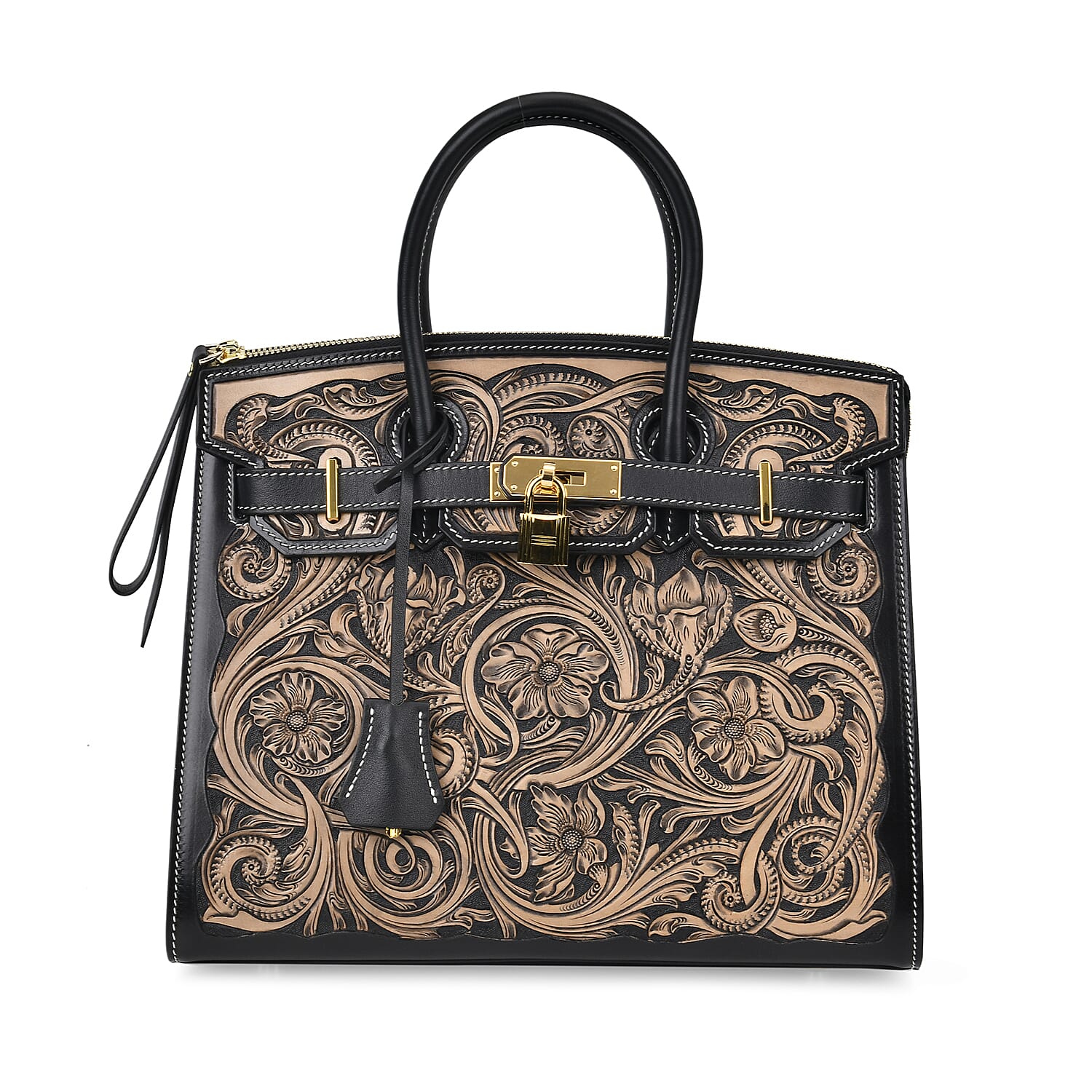 Grand Pelle Black with Solid Color Hand Engraving Flower Genuine Leather Hand Bag (11.6"x9"x7") with Handle Drop 5.5"