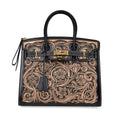 Grand Pelle Black with Solid Color Hand Engraving Flower Genuine Leather Hand Bag (11.6"x9"x7") with Handle Drop 5.5" - Sticky add to cart bar