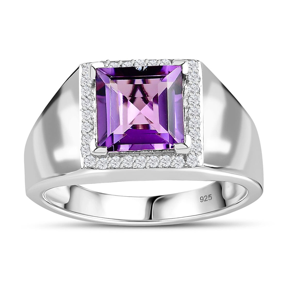 Premium Rose De France Amethyst and Moissanite Men's Ring in Platinum Over Sterling Silver (Size 10.0) 2.75 ctw