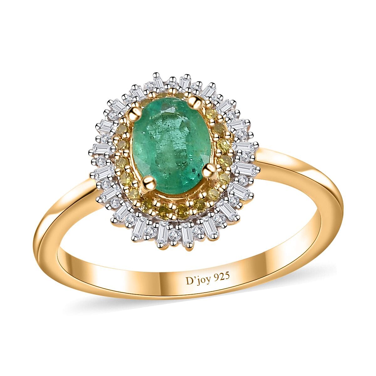 Kagem Zambian Emerald, Yellow Diamond (IR), White Diamond (0.30 cts) Double Halo Ring in Vermeil YG Over Sterling Silver (Size 10.0) 1.00 ctw