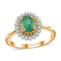 Kagem Zambian Emerald, Yellow Diamond (IR), White Diamond (0.30 cts) Double Halo Ring in Vermeil YG Over Sterling Silver (Size 10.0) 1.00 ctw