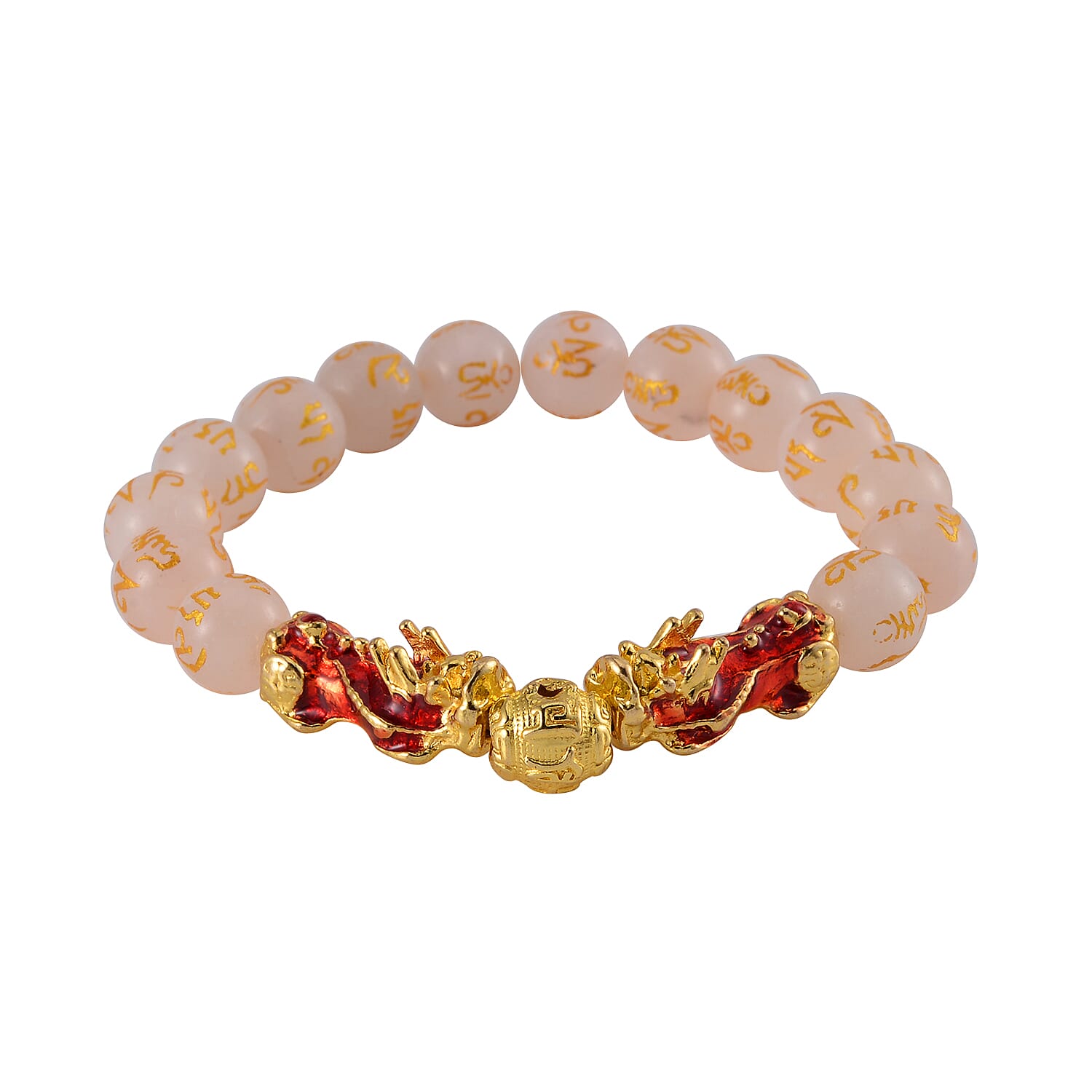 Feng Shui Galilea Rose Quartz Beaded Pixiu Stretch Bracelet in Goldtone 81.00 ctw