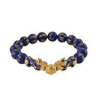 Feng Shui Lapis Lazuli Beaded Pixiu Stretch Bracelet in Goldtone 81.00 ctw