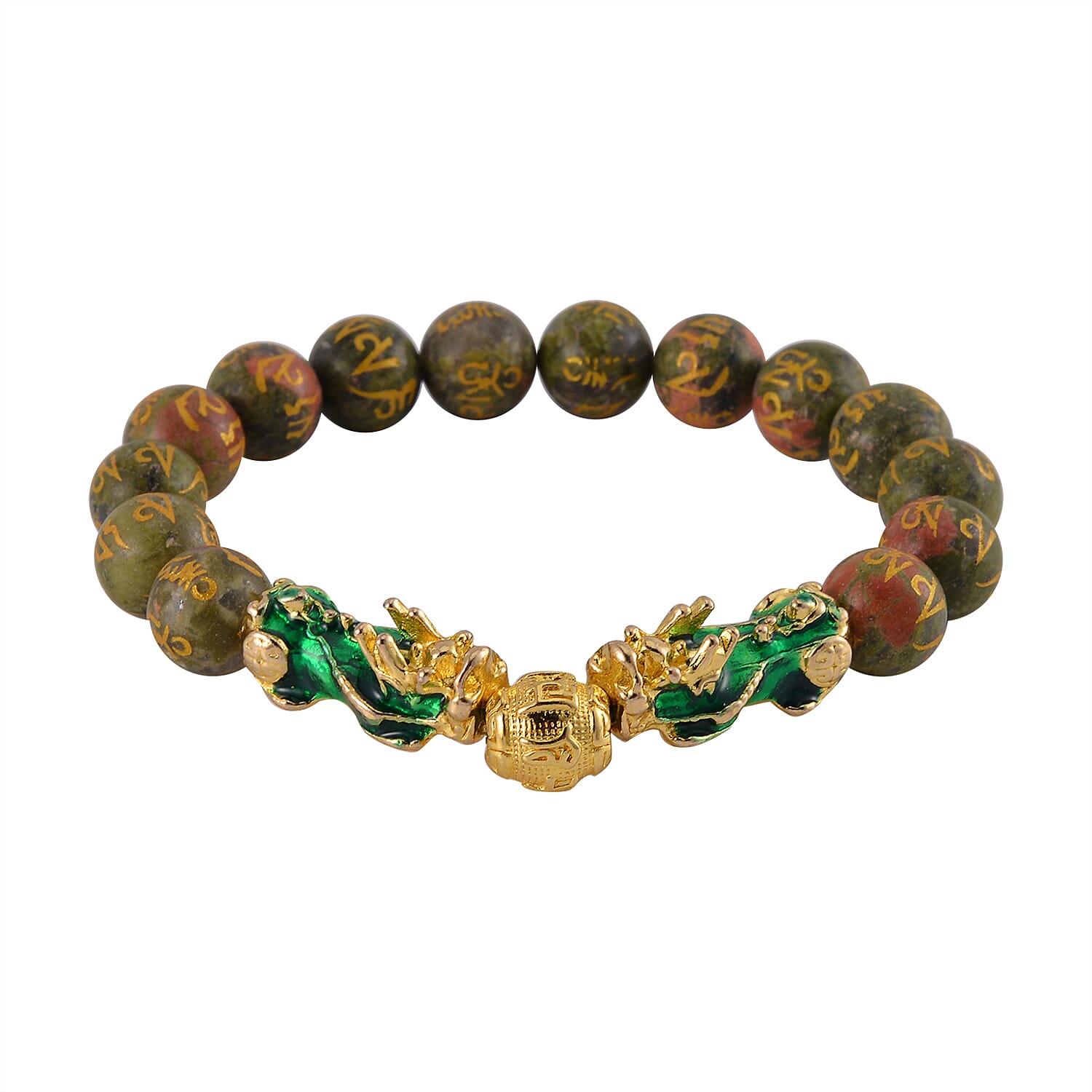 Feng Shui Unakite Beaded Pixiu Stretch Bracelet in Goldtone 81.00 ctw