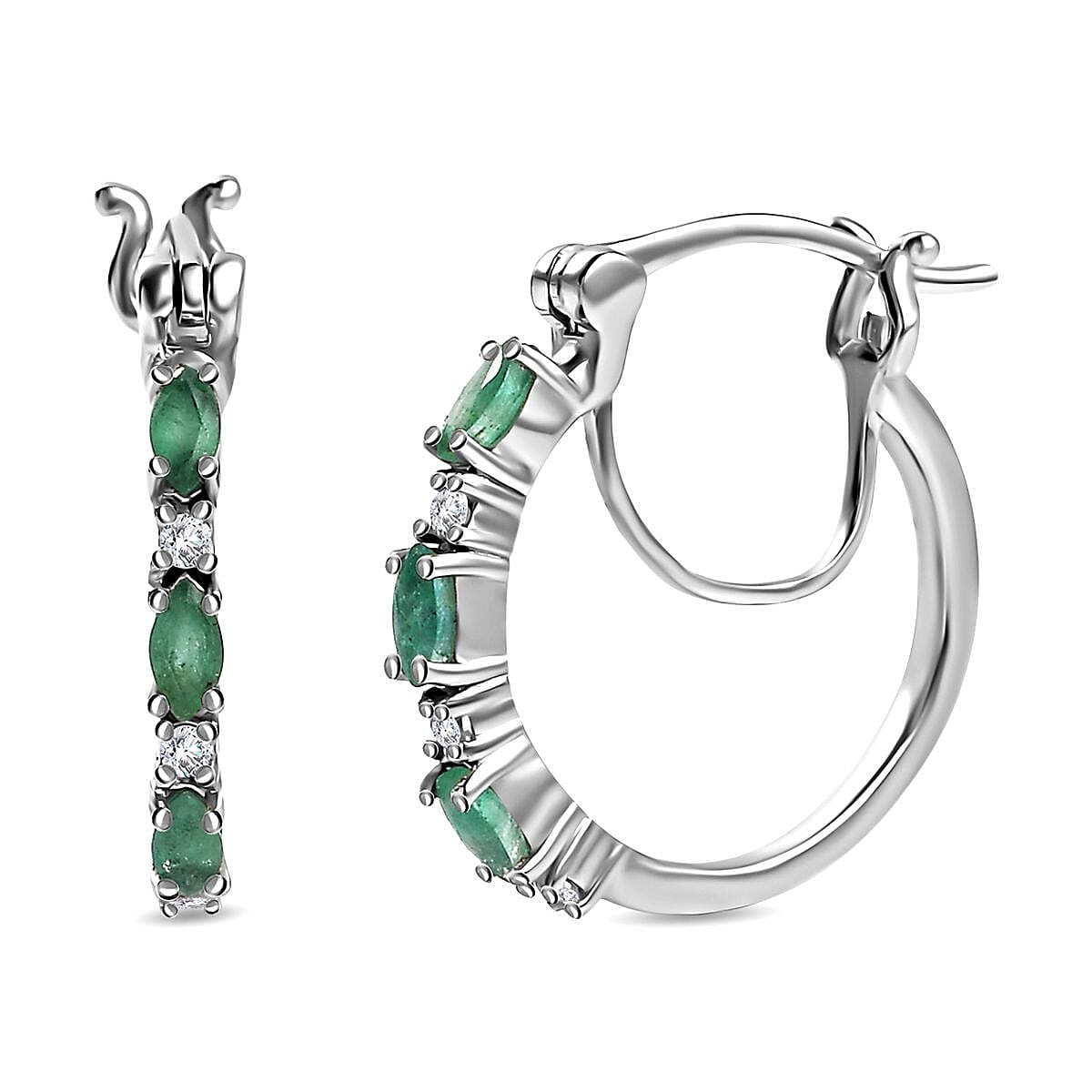 Kagem Zambian Emerald and White Zircon Hoop Earrings in Platinum Over Sterling Silver 0.65 ctw