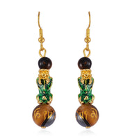 Feng Shui Tigers Eye Beaded Pixiu Earrings in Goldtone 25.00 ctw
