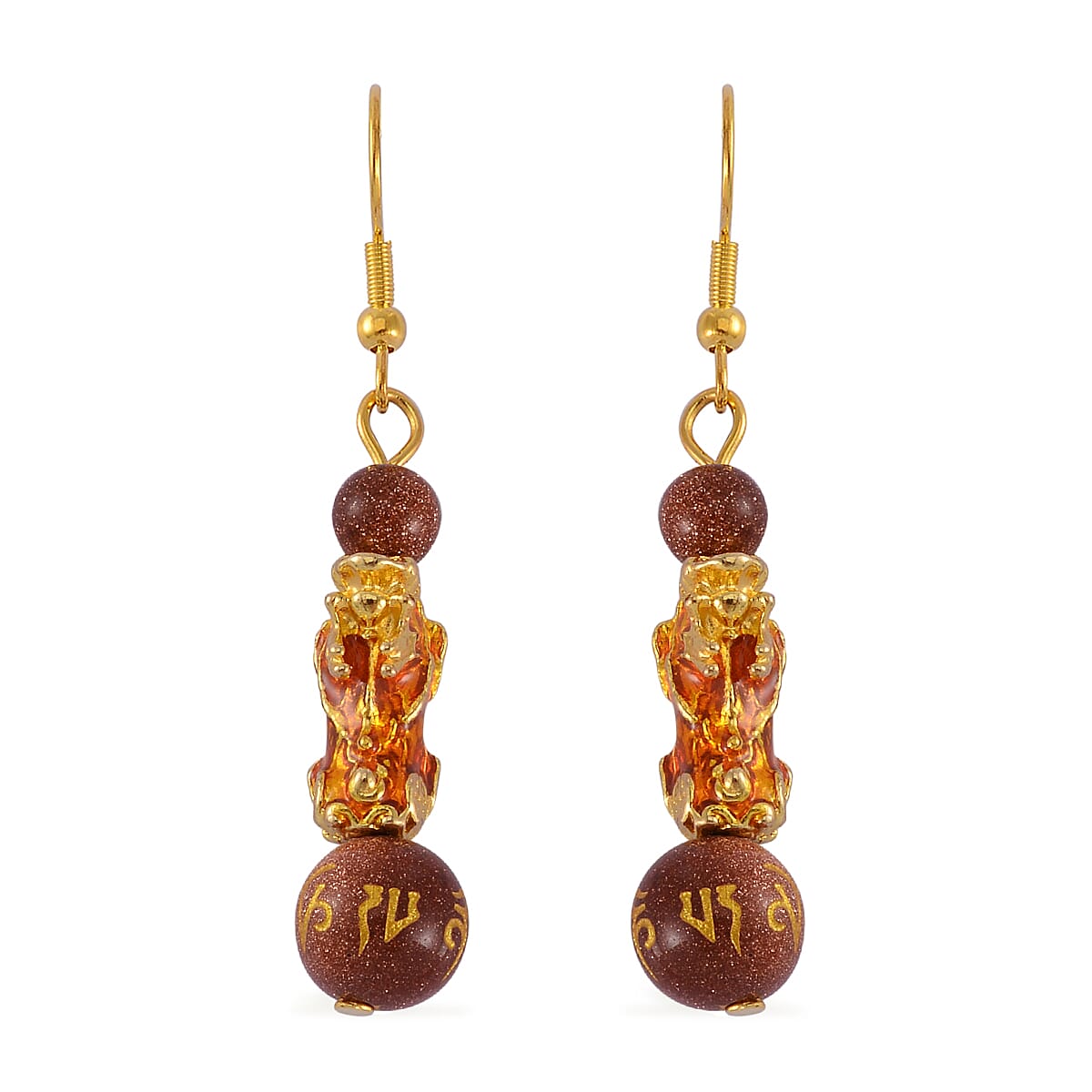 Feng Shui Gold Sandstone Beaded Pixiu Earrings in Goldtone 25.00 ctw