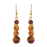Feng Shui Gold Sandstone Beaded Pixiu Earrings in Goldtone 25.00 ctw