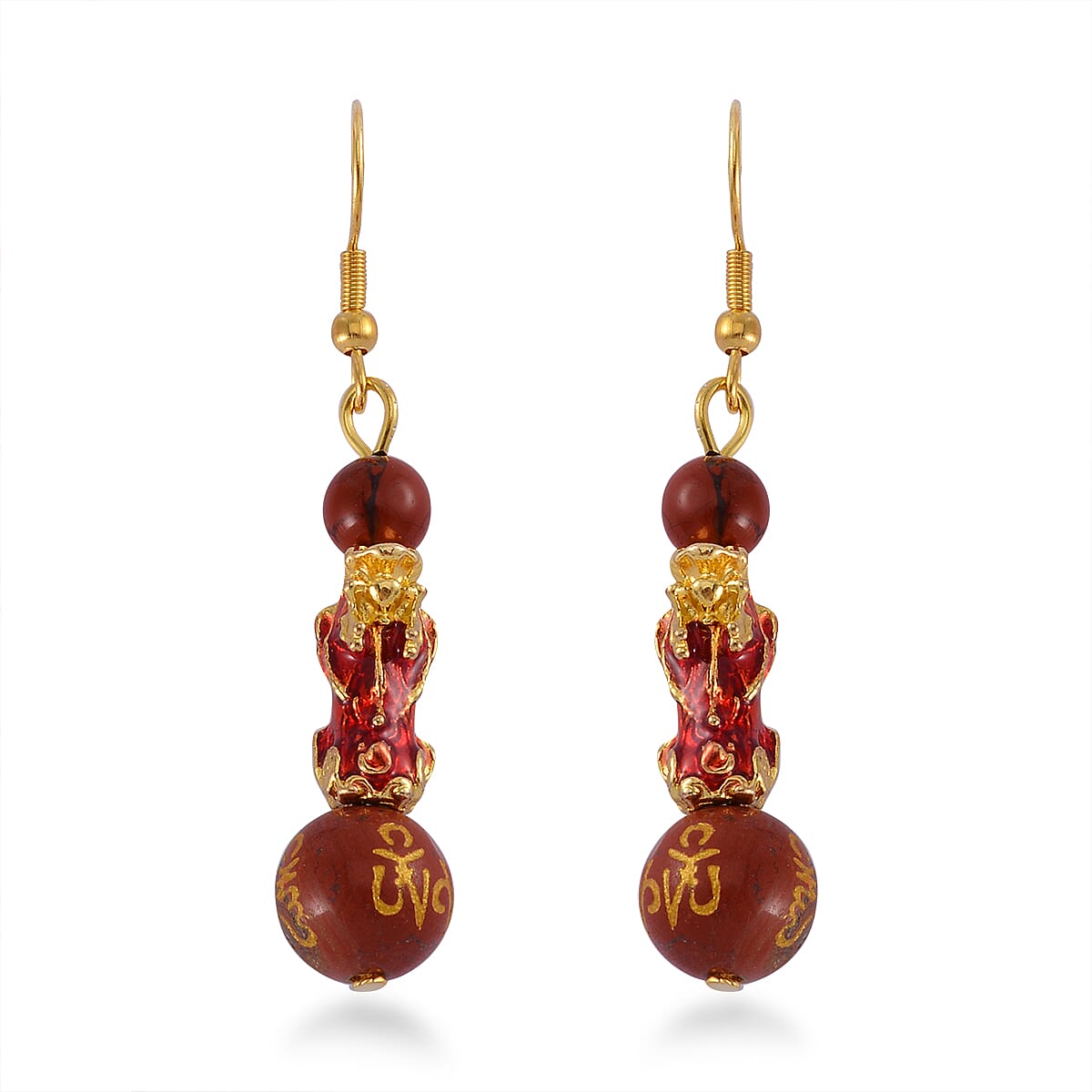 Feng Shui Red Jasper Beaded Pixiu Earrings in Goldtone 25.00 ctw