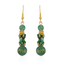 Feng Shui Green Aventurine Beaded Pixiu Earrings in Goldtone 25.00 ctw