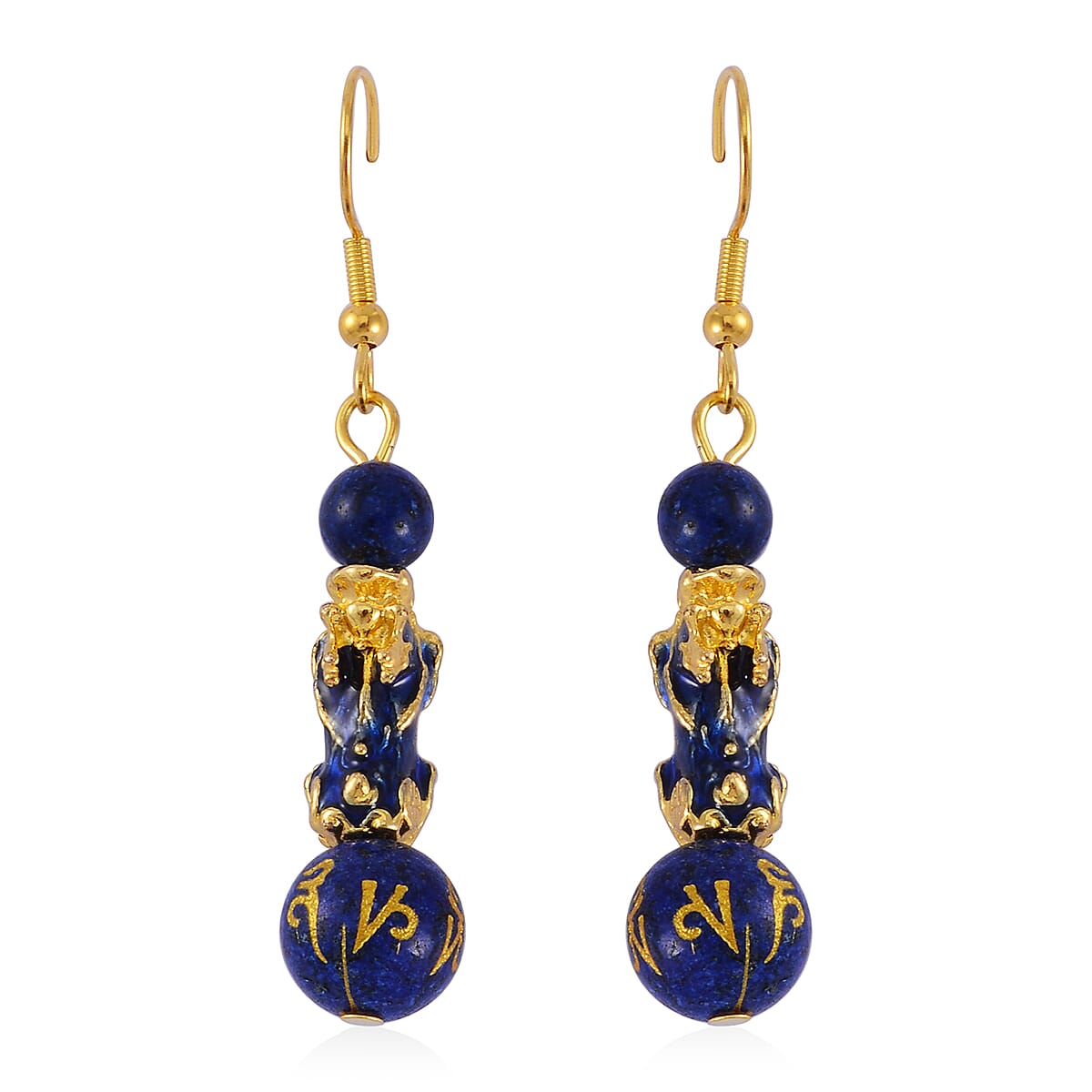 Feng Shui Lapis Lazuli Beaded Pixiu Earrings in Goldtone 25.00 ctw