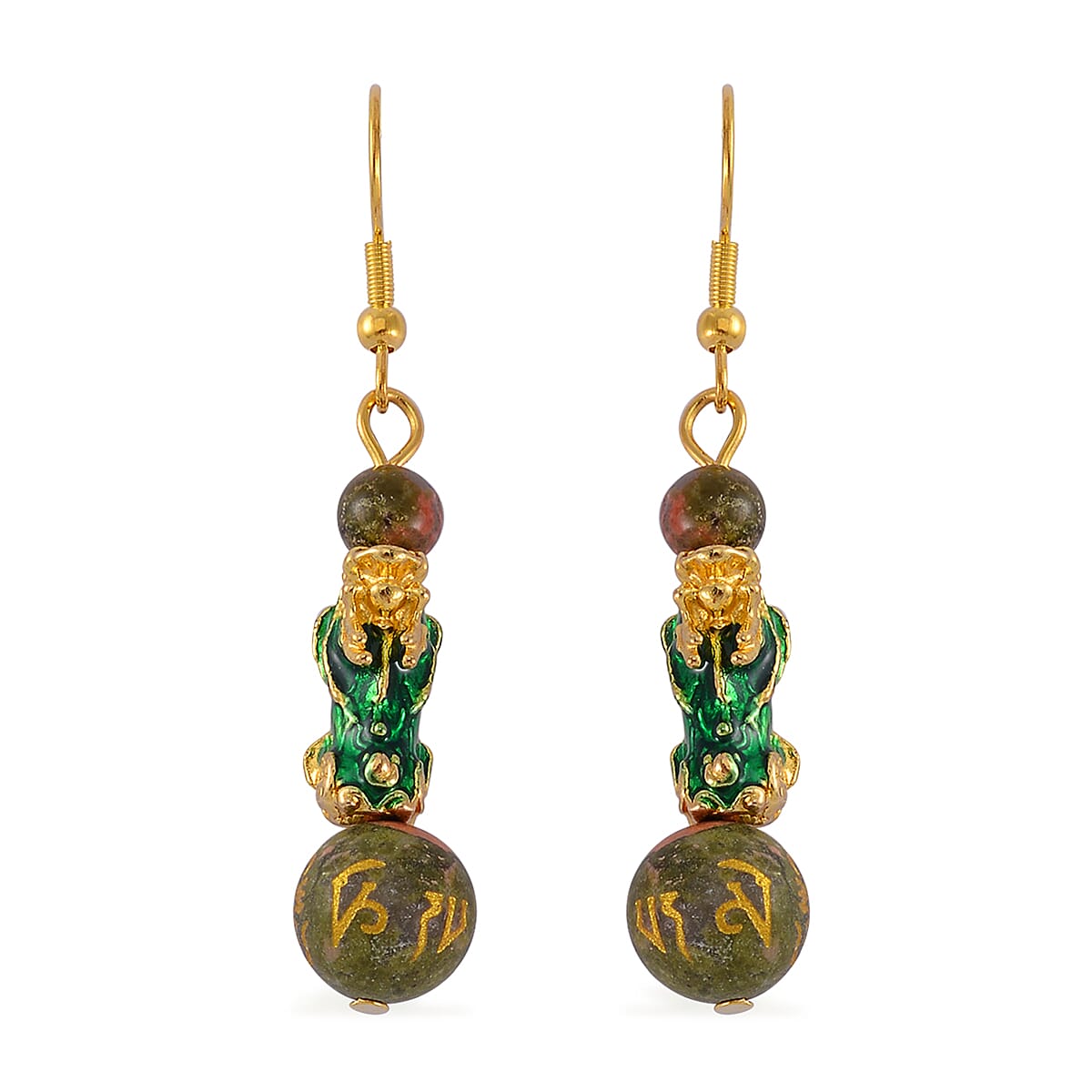 Feng Shui Unakite Beaded Pixiu Earrings in Goldtone 25.00 ctw