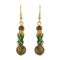 Feng Shui Unakite Beaded Pixiu Earrings in Goldtone 25.00 ctw