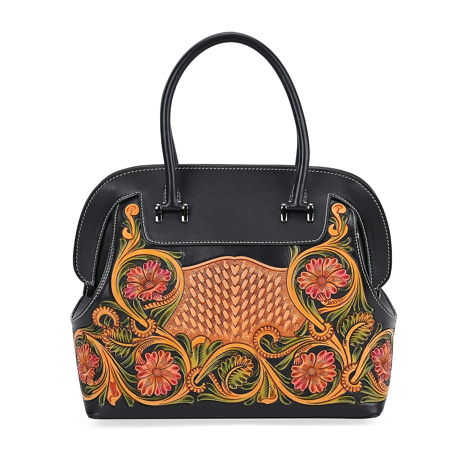 Grand Pelle Black with Multi Color Hand Engraving Flower Pattern Genuine Leather Crossbody Bag (11"x9.8"x5.9") with Handle Drop