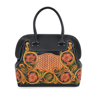 Grand Pelle Black with Multi Color Hand Engraving Flower Pattern Genuine Leather Crossbody Bag (11"x9.8"x5.9") with Handle Drop