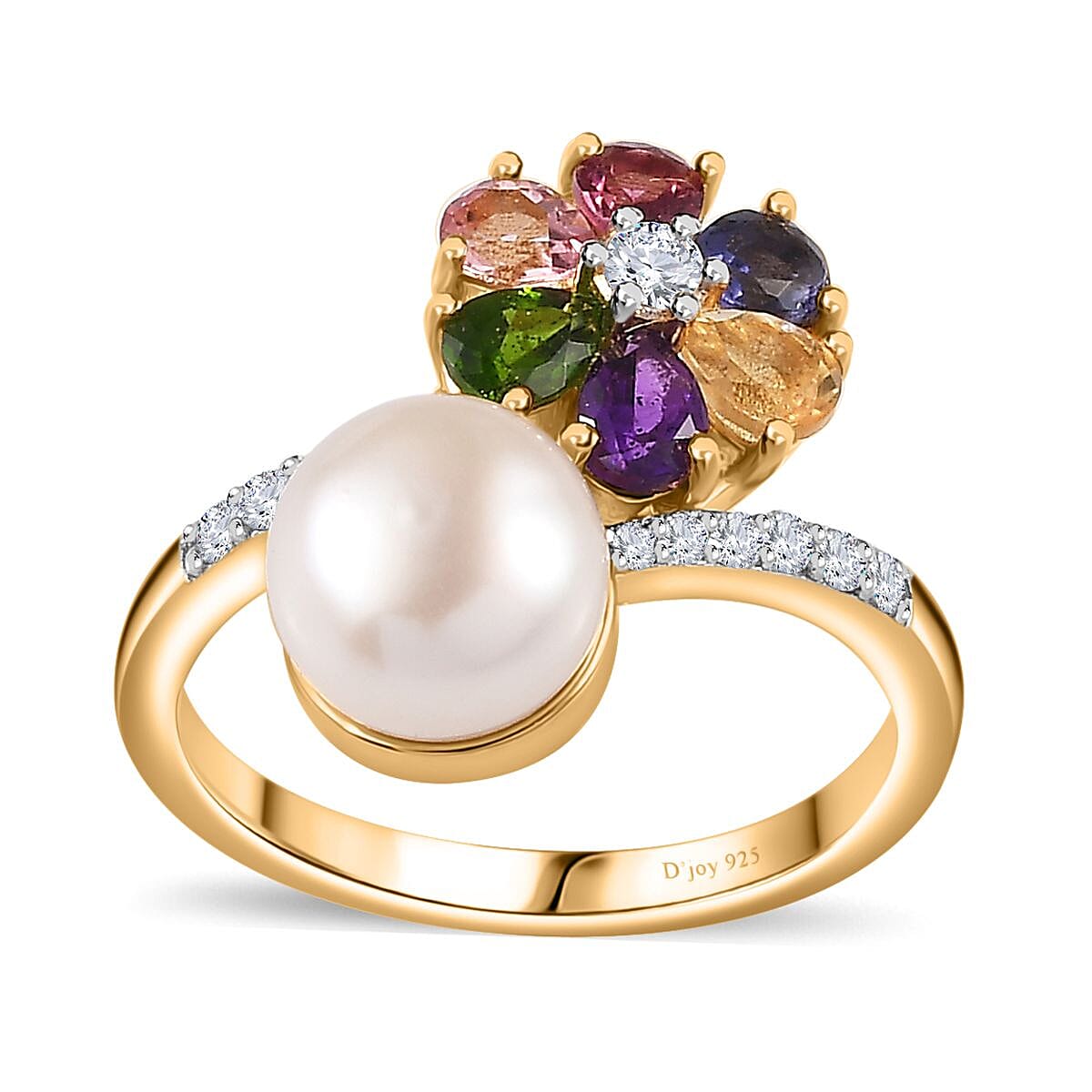 Freshwater Pearl, Multi Gemstone Floral and Pearl Bypass Ring in Vermeil YG Over Sterling Silver (Size 10.0) 1.25 ctw