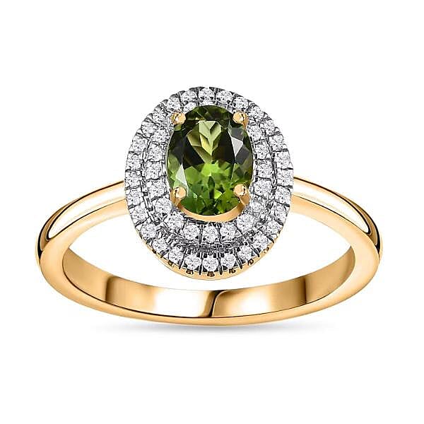 Luxoro 14K Green Gold AAA Natural Calabar Green Tourmaline and G-H I2 Diamond Double Halo Ring (Size 10.0) 1.00 ctw (Del. in 8-10 Days)