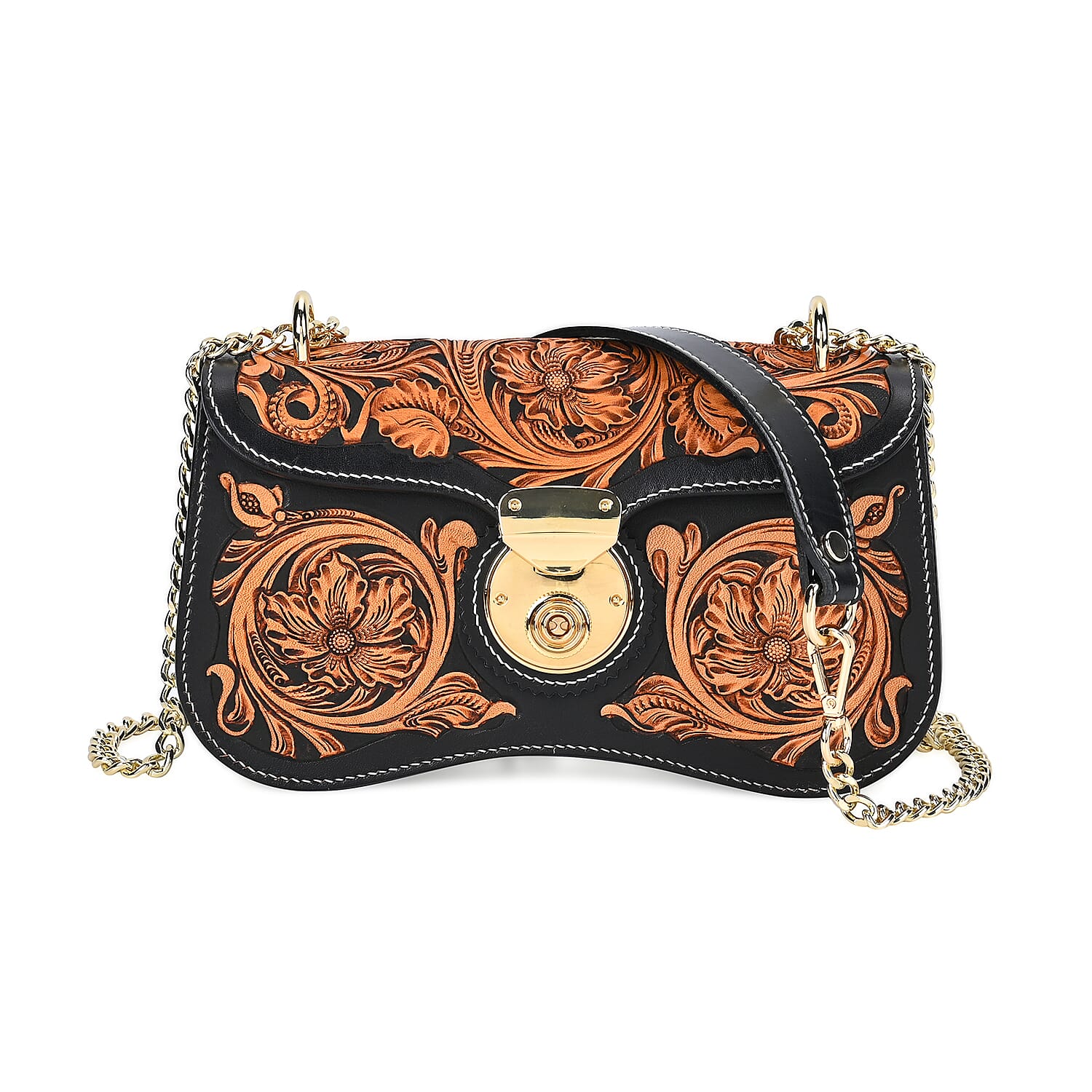 Grand Pelle Black with Solid Color Hand Engraving Flower Pattern Genuine Leather Crossbody Bag (9"x5.1"x2.75") with Shoulder Strap