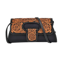 Grand Pelle Black with Solid Color Hand Engraving Flower Pattern Genuine Leather Crossbody Bag (11.7"x5.9"x2.75") with Shoulder Strap
