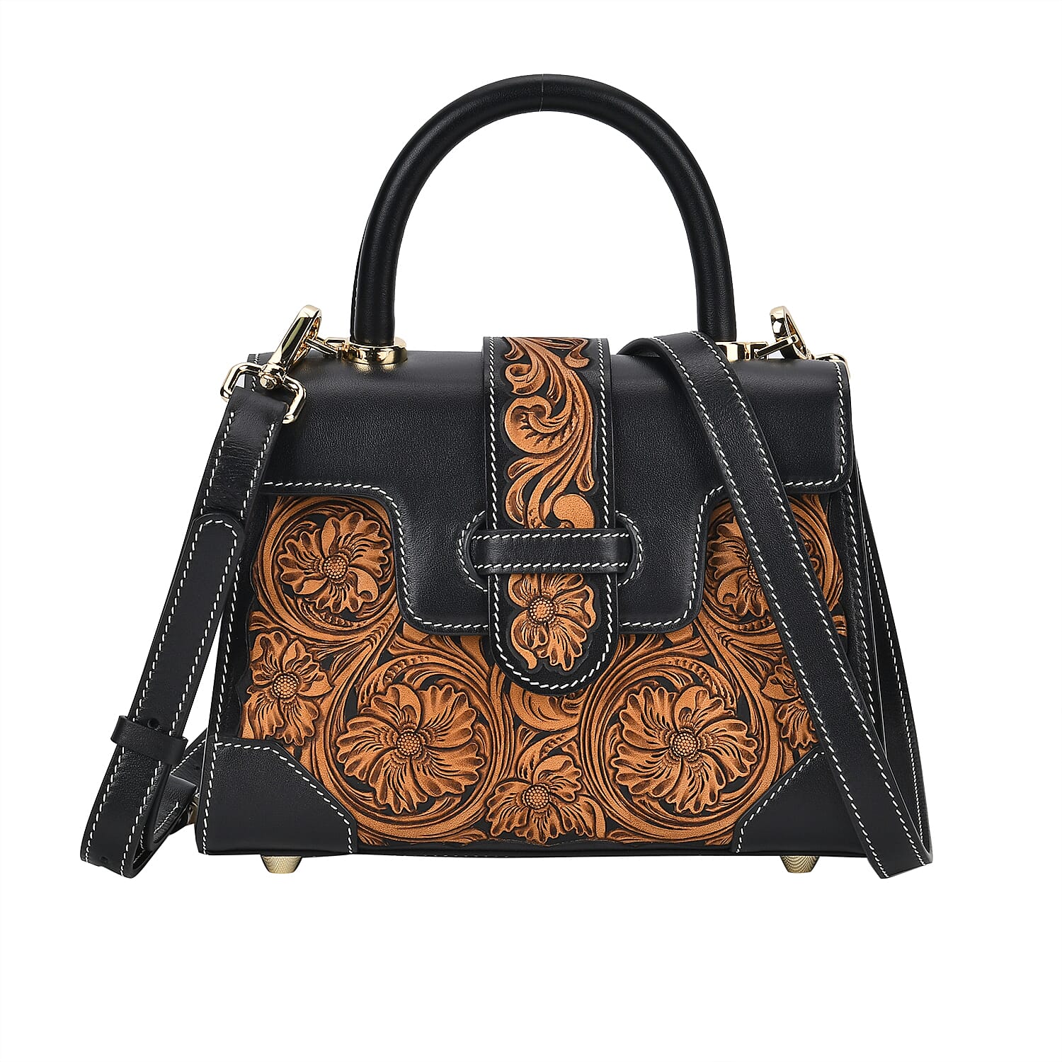 Grand Pelle Black with Solid Color Hand Engraving Flower Pattern Genuine Leather Crossbody Bag (9"x6.5"x3.7") with Handle Drop and Shoulder Strap